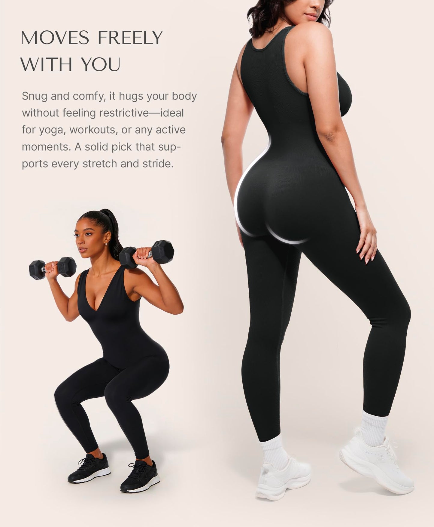 SHAPELLX Tummy Control Workout Jumpsuits for Women One Piece Comfy Yoga Outfits V Neck Sleeveless Bodycon Pants Romper