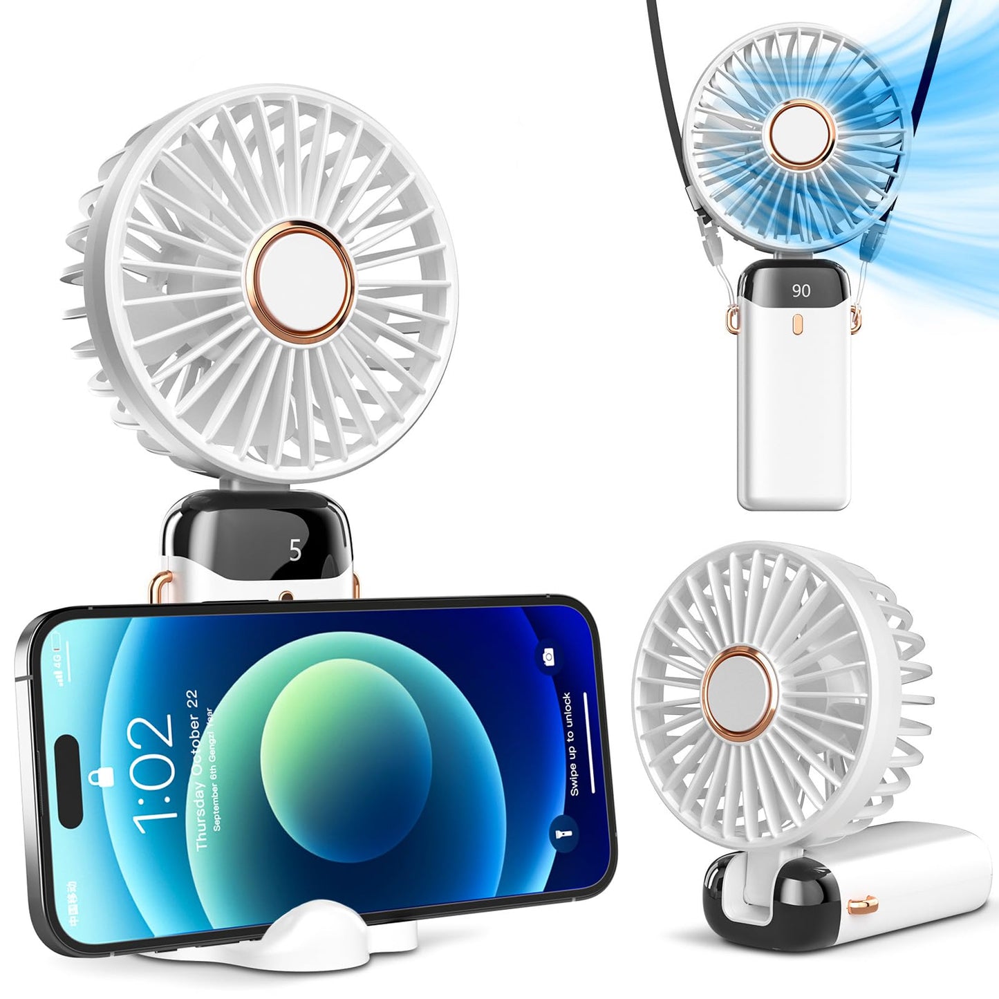 Koonie Portable Handheld Fan, Battery Operated Fan with Base, 8 Hours, Digital Display, 5 Speeds, 90° Ajustable, Rechargeable Mini Fan for Outdoor Indoor