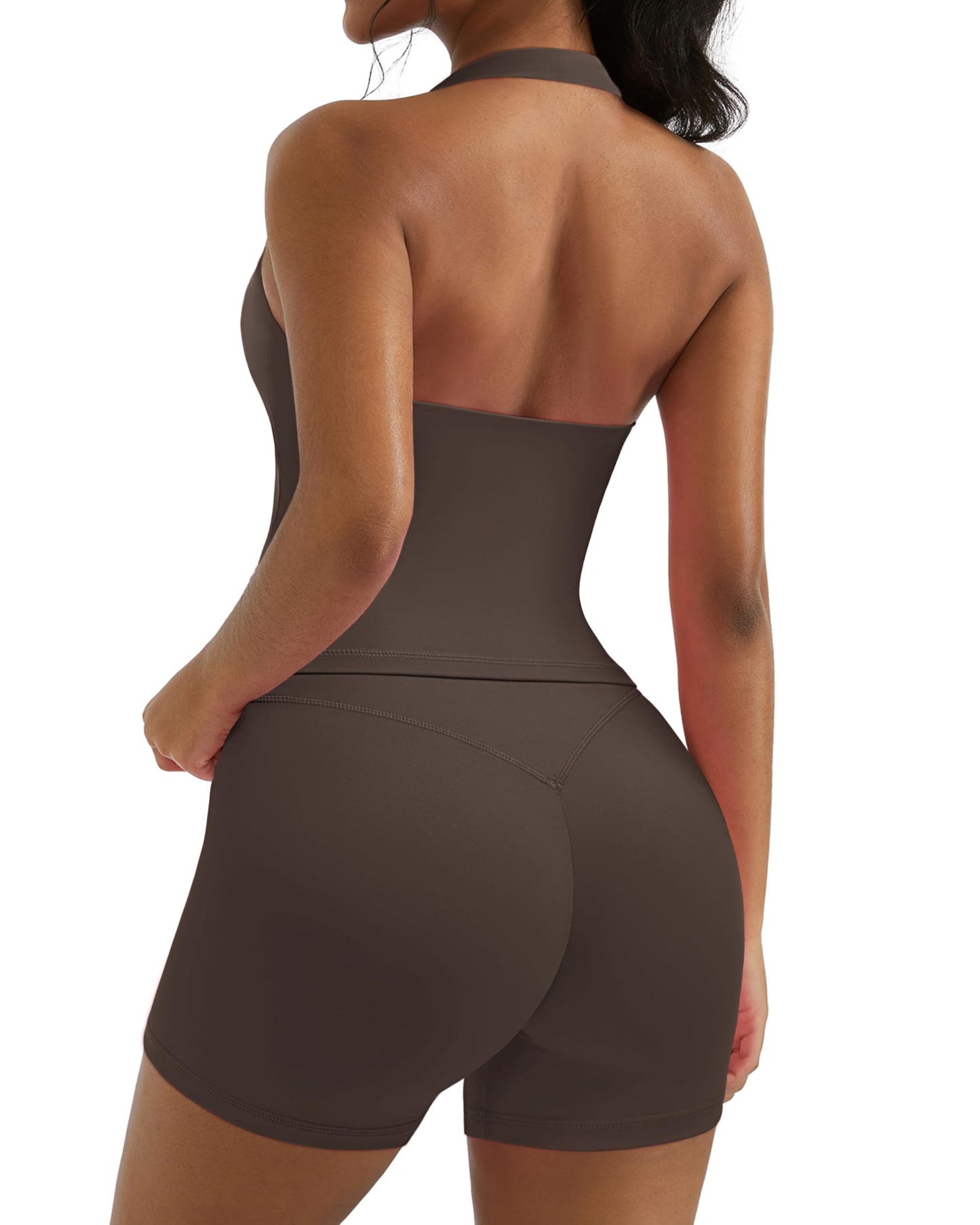 OMKAGI 2 Piece Workout Sets for Women Halter Sports Bra Tank Gym Biker Shorts Outfits