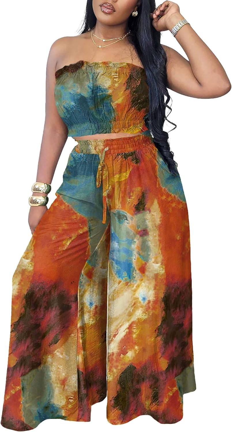 Two Piece Sets for Women Summer Outfits Crop Tops and Wide Leg Pants Sets Sexy Jumpsuits Vacation Outfits with Pockets