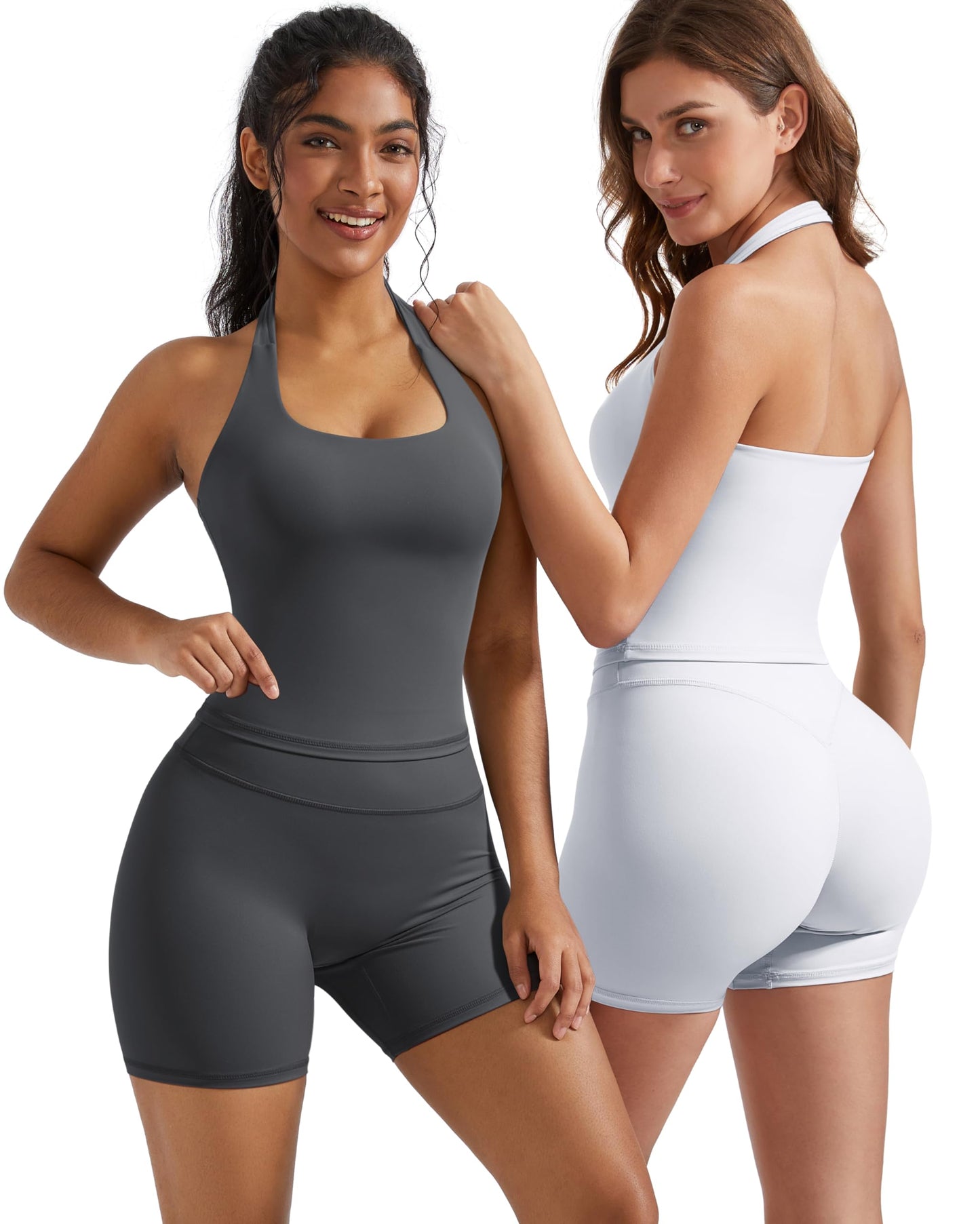 OMKAGI 2 Piece Workout Sets for Women Halter Sports Bra Tank Gym Biker Shorts Outfits