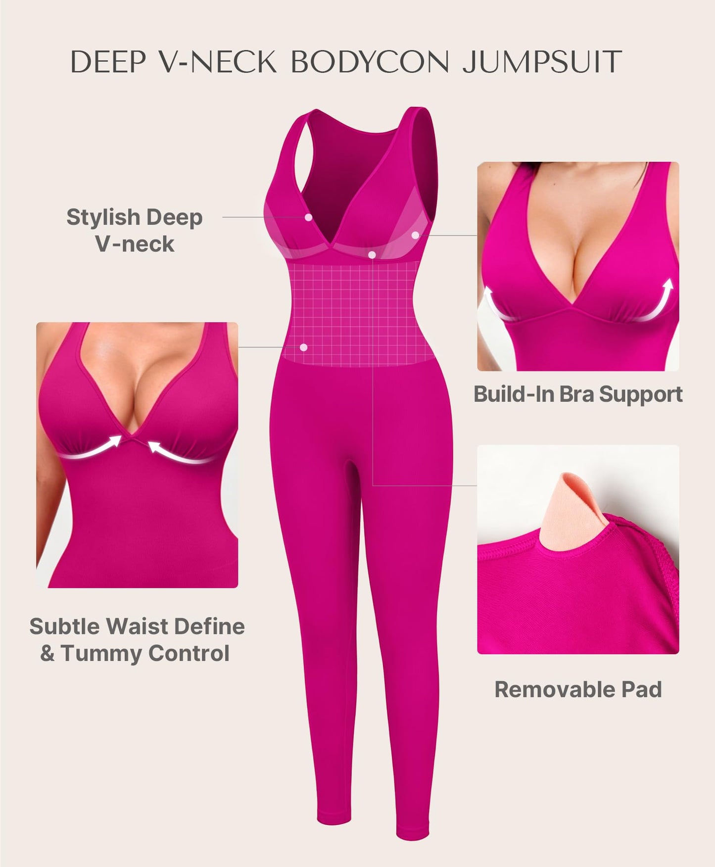 SHAPELLX Tummy Control Workout Jumpsuits for Women One Piece Comfy Yoga Outfits V Neck Sleeveless Bodycon Pants Romper