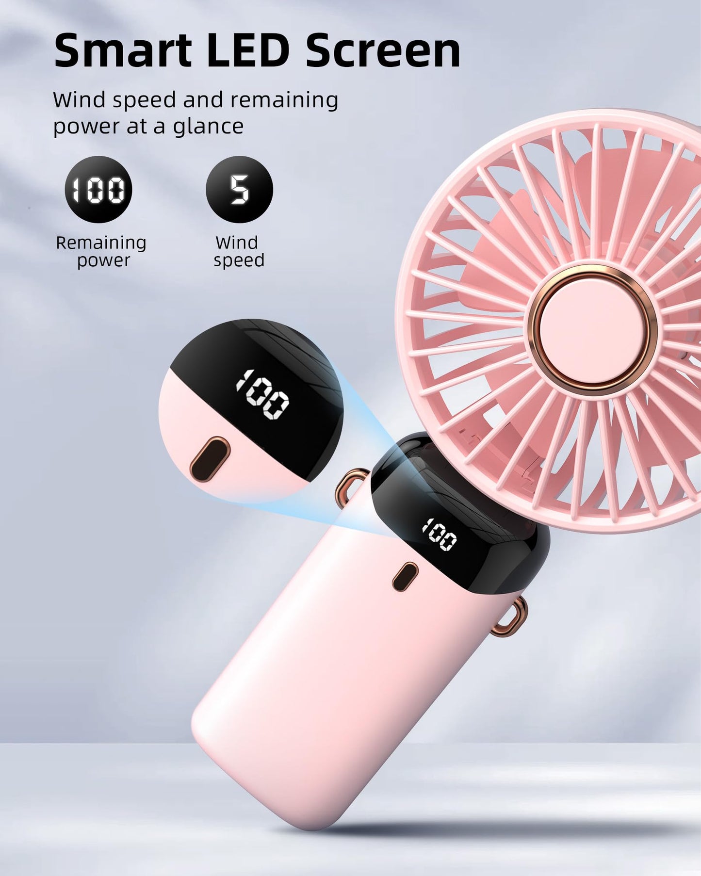 Koonie Portable Handheld Fan, Battery Operated Fan with Base, 8 Hours, Digital Display, 5 Speeds, 90° Ajustable, Rechargeable Mini Fan for Outdoor Indoor