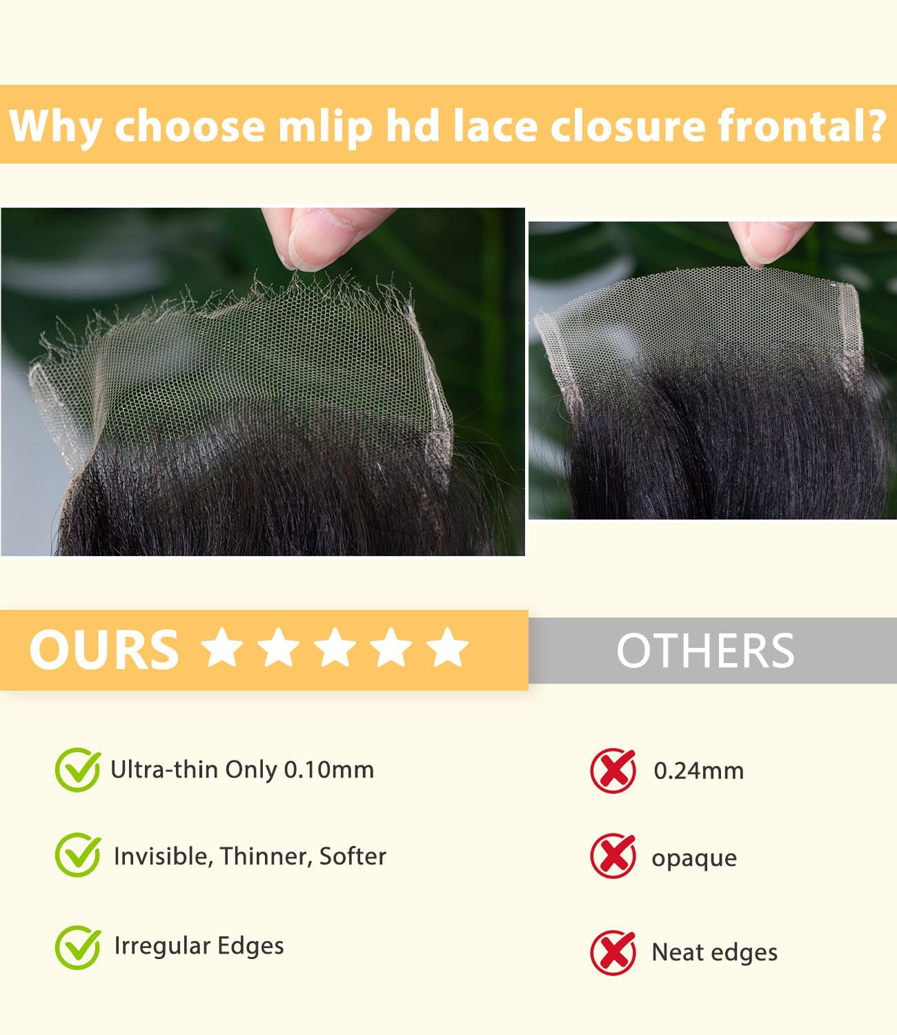 Mlip 2x6 HD Lace Closure Body Wave, 0.10mm Ultra Thin Invisible Swiss Lace, Skinlike Real HD Lace Melt into Skin Perfectly, Pre-plucked Natural Hairline, Raw Indian Human Hair 18 Inches Natural Color