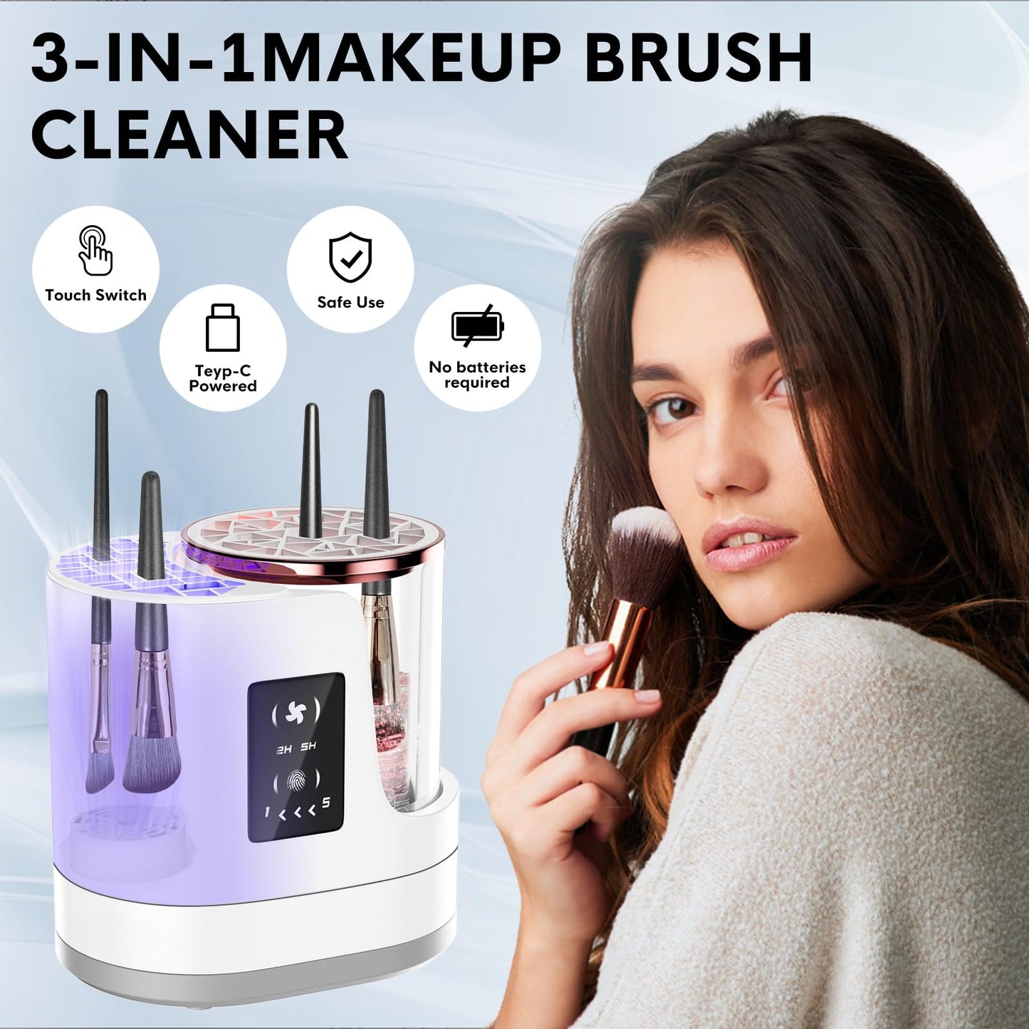3 IN 1 Electric Makeup Brush Cleaner,Automatic Makeup Brush Cleaner with Makeup Brush Dryer,Portable USB Deep Cleaning for All Size Beauty Makeup Brush Set,Blush Brush (Grey)