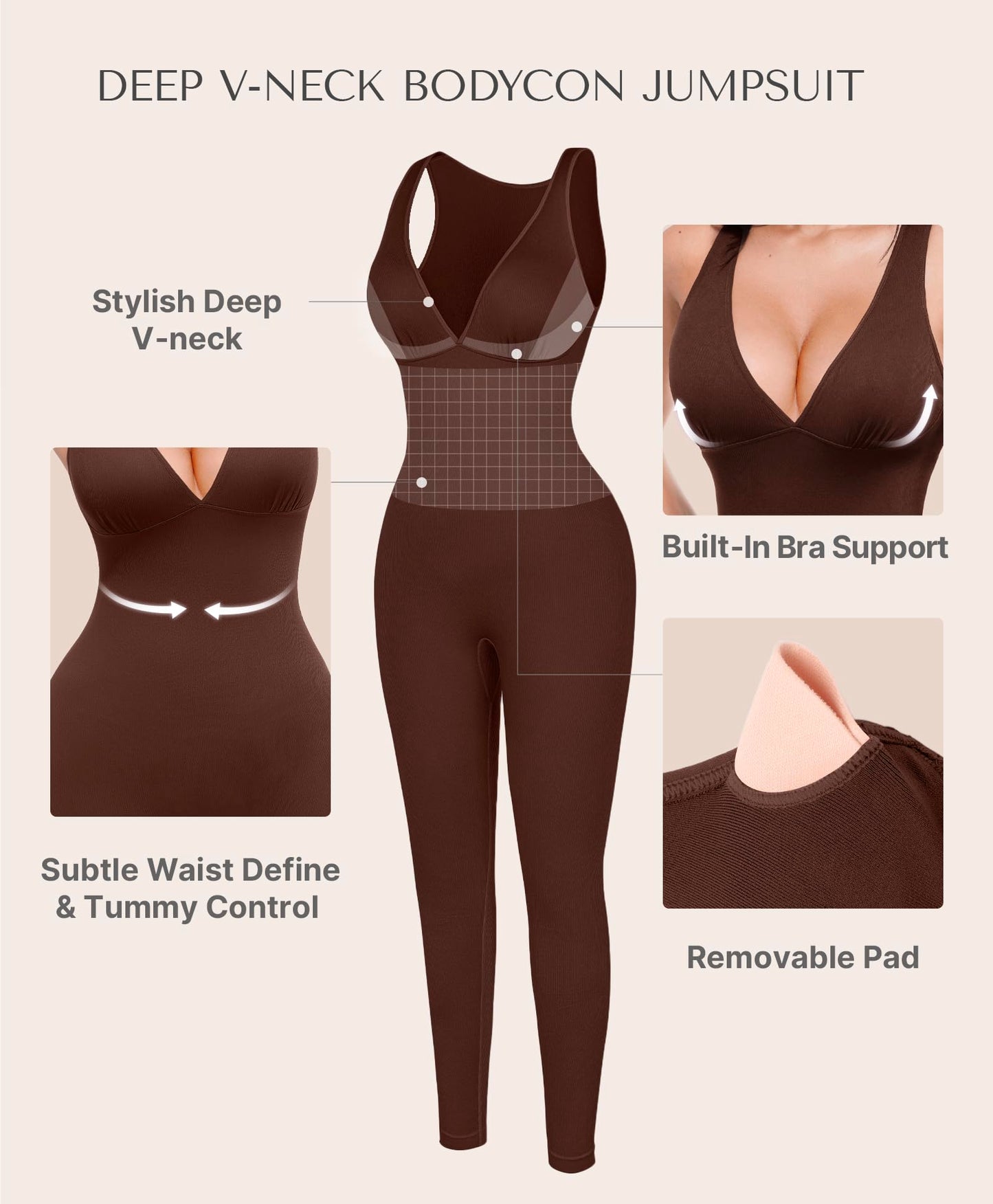 SHAPELLX Tummy Control Workout Jumpsuits for Women One Piece Comfy Yoga Outfits V Neck Sleeveless Bodycon Pants Romper