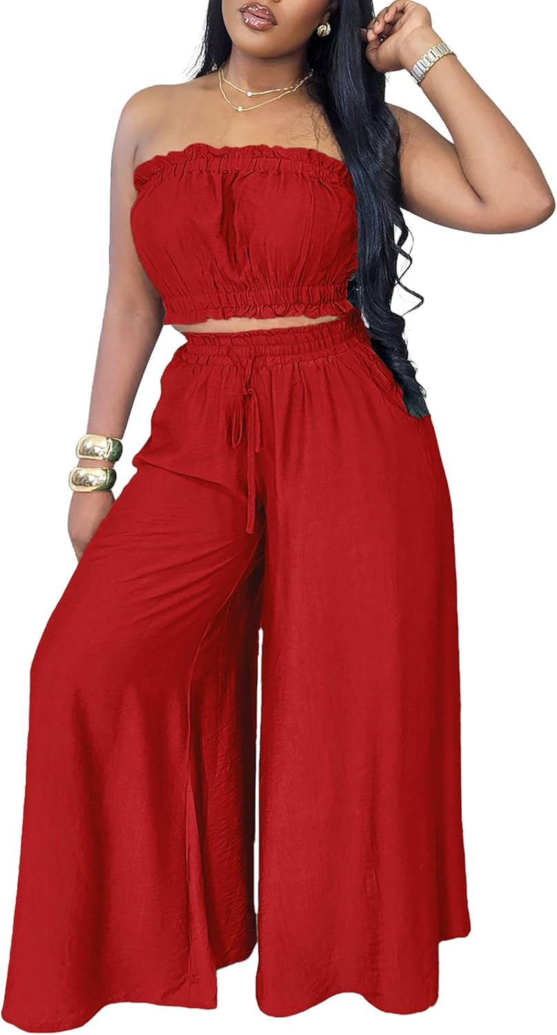 Two Piece Sets for Women Summer Outfits Crop Tops and Wide Leg Pants Sets Sexy Jumpsuits Vacation Outfits with Pockets