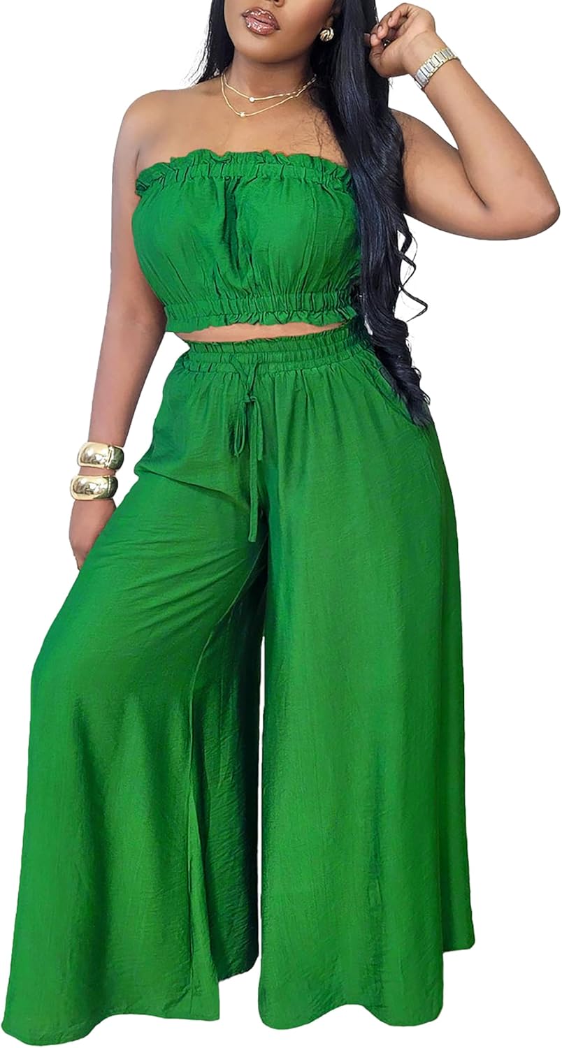 Two Piece Sets for Women Summer Outfits Crop Tops and Wide Leg Pants Sets Sexy Jumpsuits Vacation Outfits with Pockets