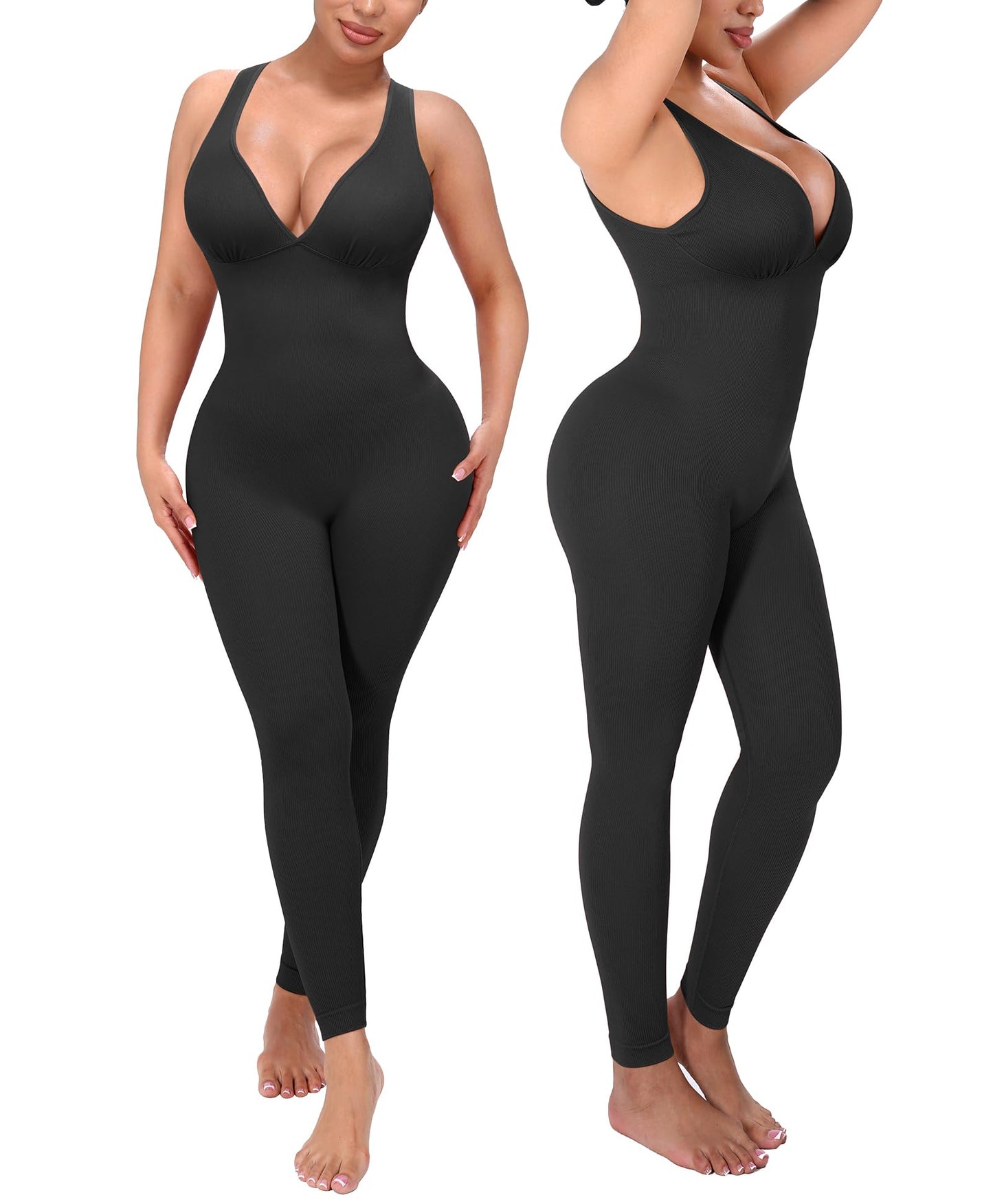 SHAPELLX Tummy Control Workout Jumpsuits for Women One Piece Comfy Yoga Outfits V Neck Sleeveless Bodycon Pants Romper