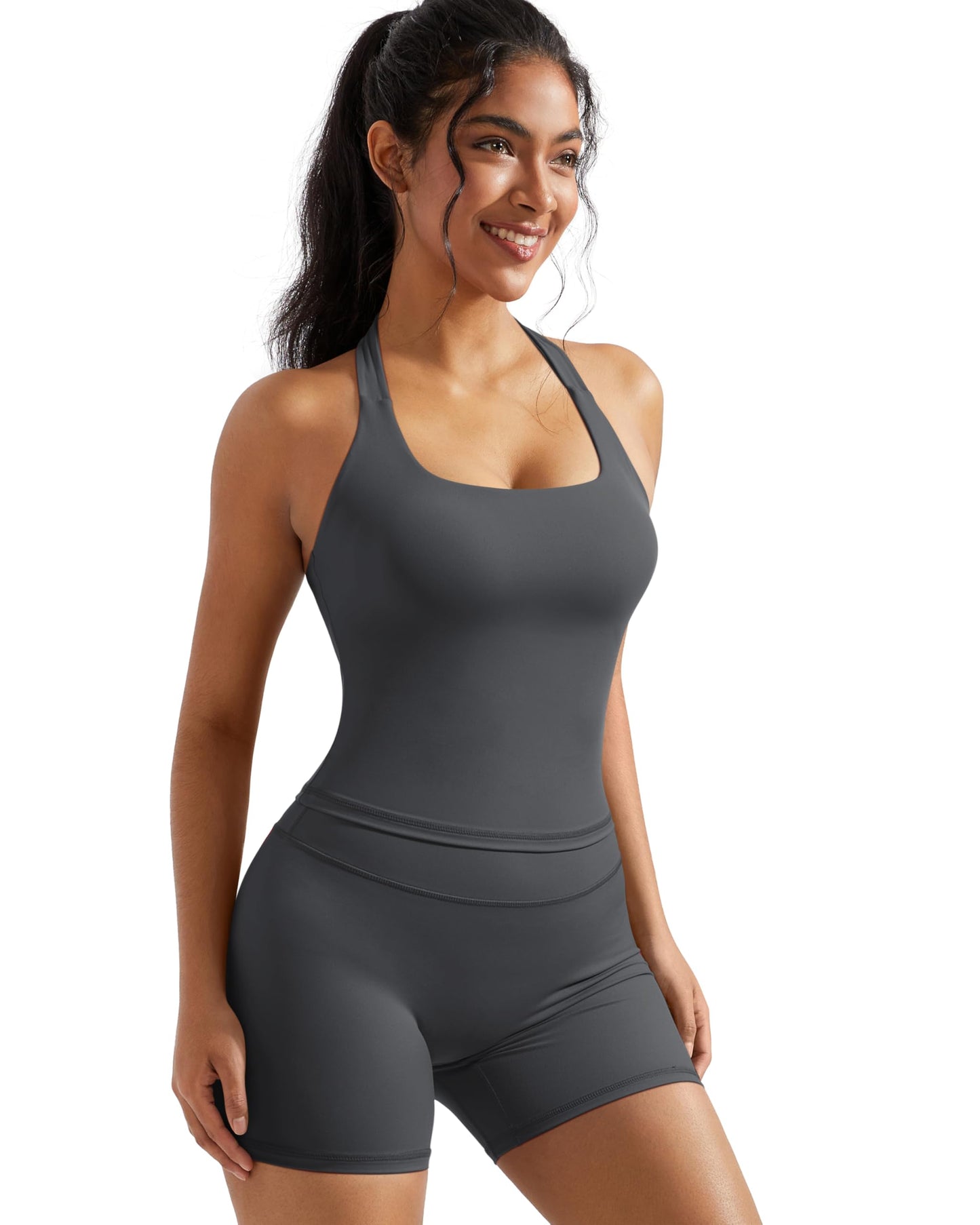 OMKAGI 2 Piece Workout Sets for Women Halter Sports Bra Tank Gym Biker Shorts Outfits