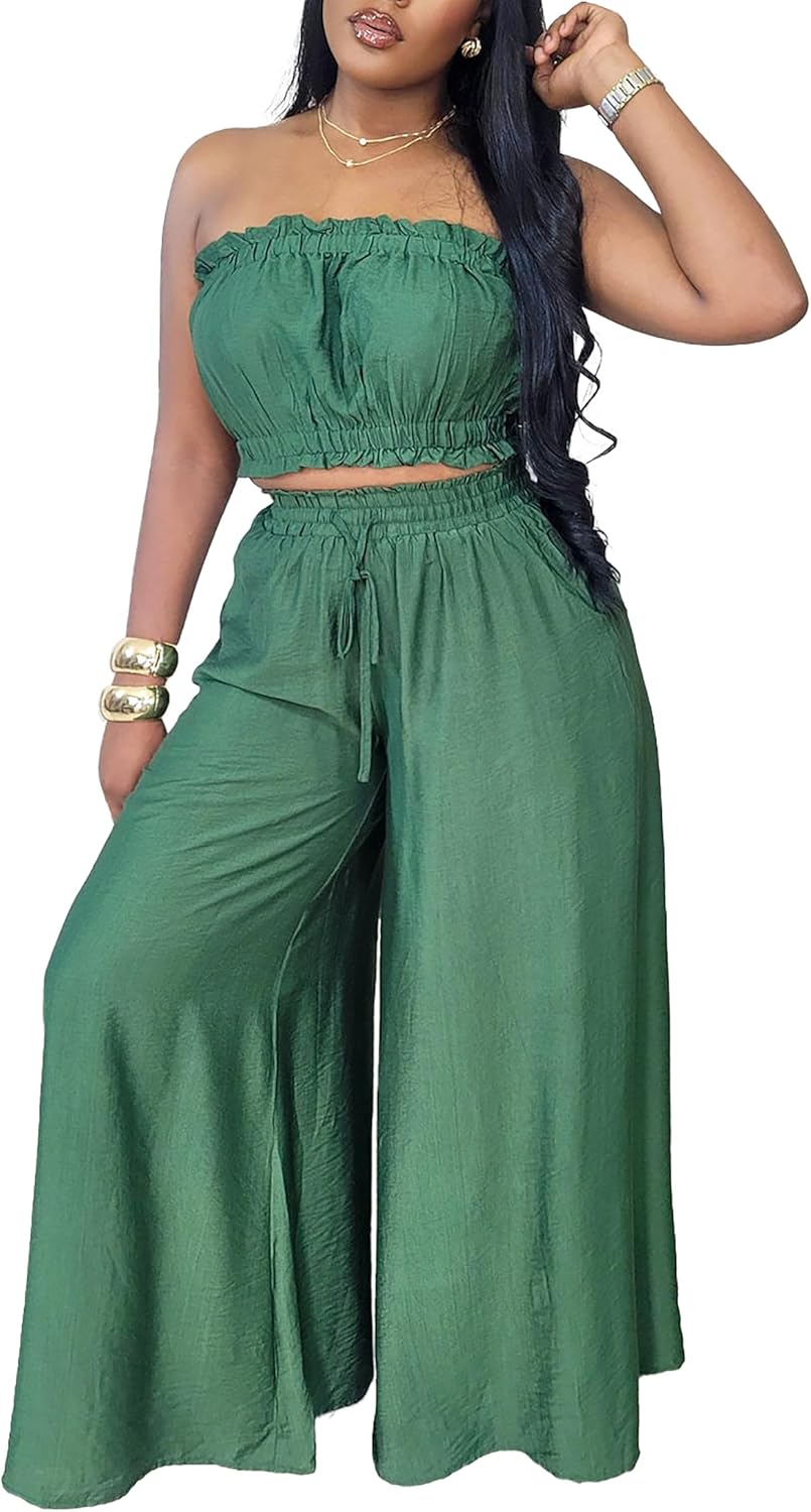 Two Piece Sets for Women Summer Outfits Crop Tops and Wide Leg Pants Sets Sexy Jumpsuits Vacation Outfits with Pockets