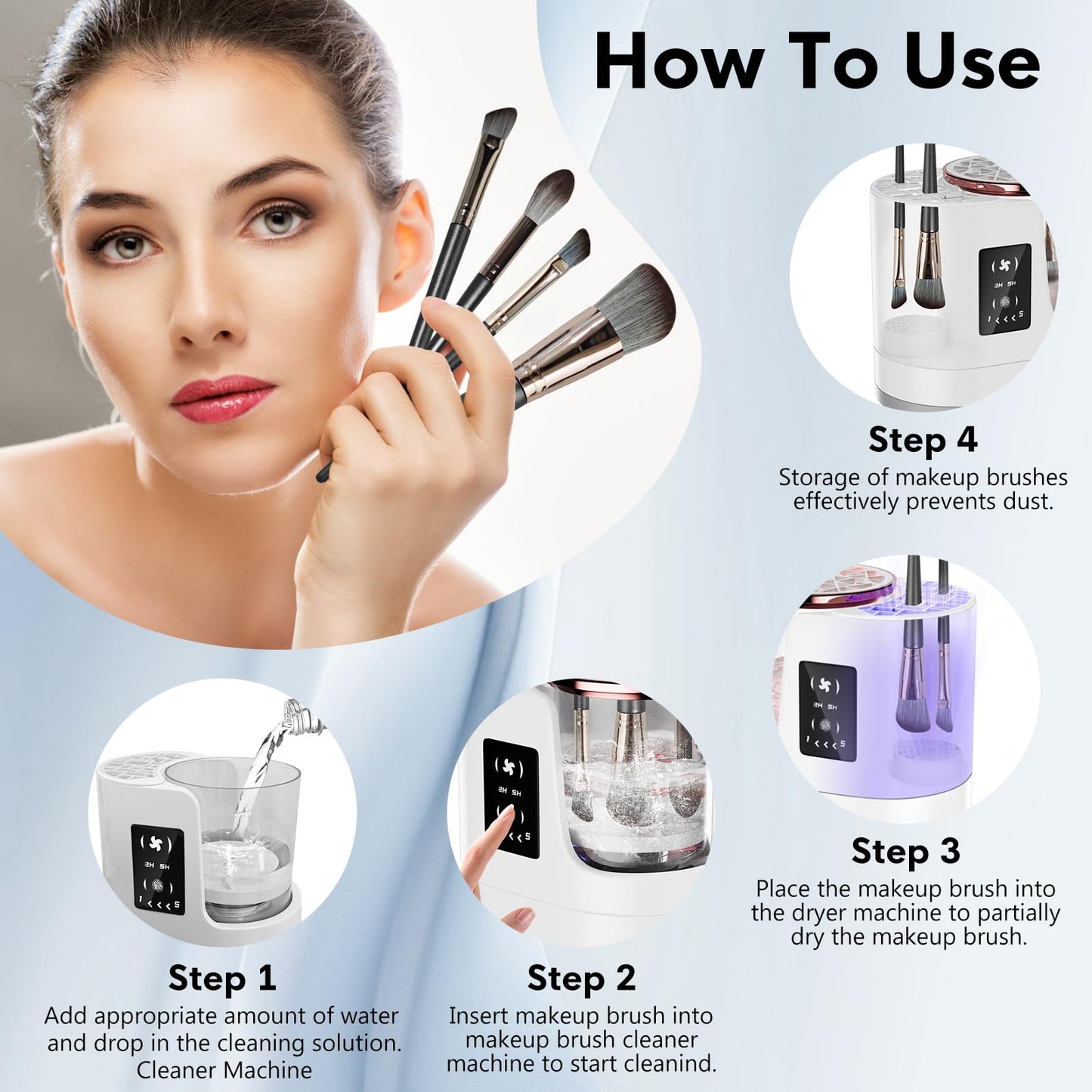 3 IN 1 Electric Makeup Brush Cleaner,Automatic Makeup Brush Cleaner with Makeup Brush Dryer,Portable USB Deep Cleaning for All Size Beauty Makeup Brush Set,Blush Brush (Grey)