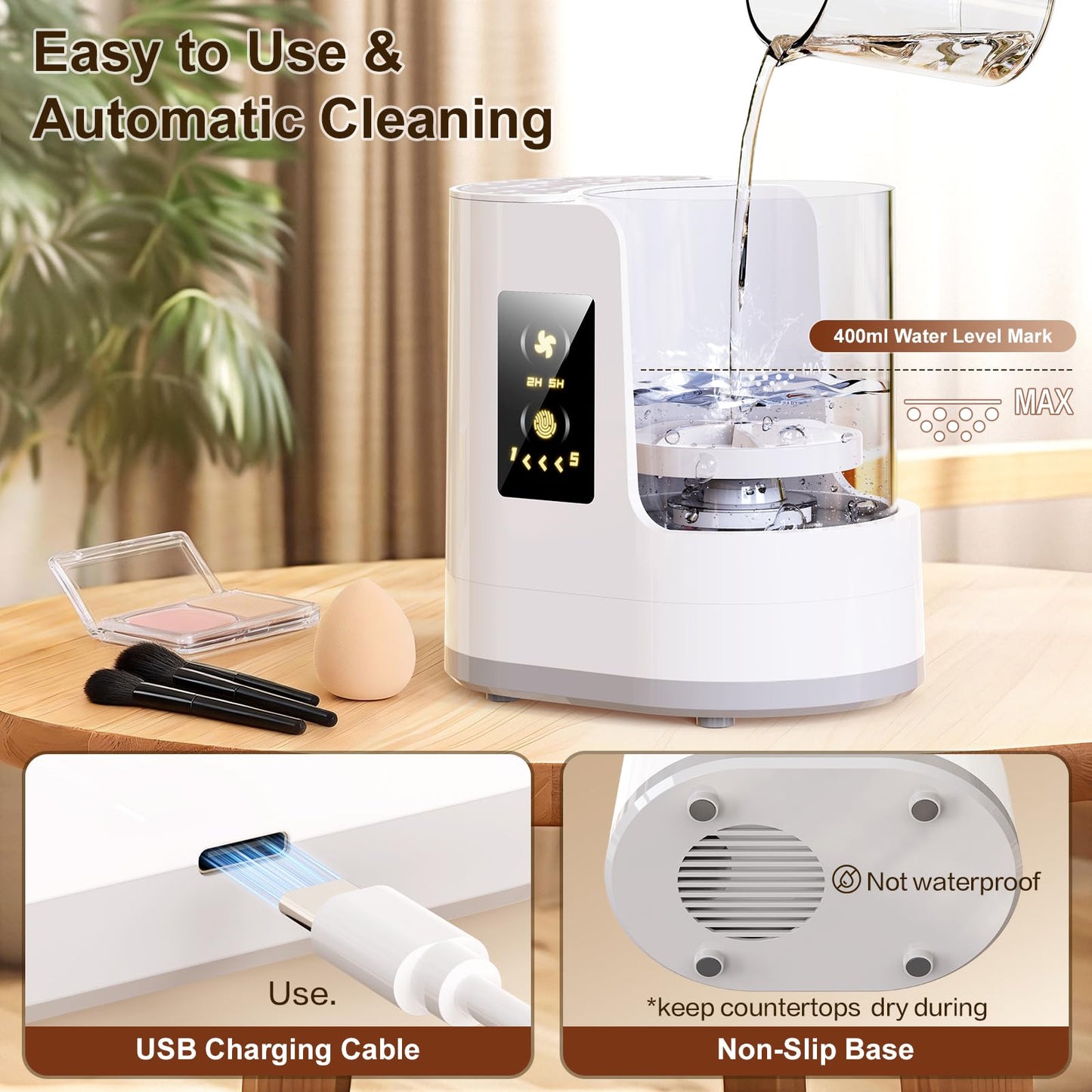 Electric Makeup Brush Cleaner 3-in-1, Automatic Brush Cleaning & Drying Machine with Dual-Direction Cleaning, Adjustable Dryer, Fits All Brush Sizes, for Makeup Brush Set, Blush Brush, Sponges