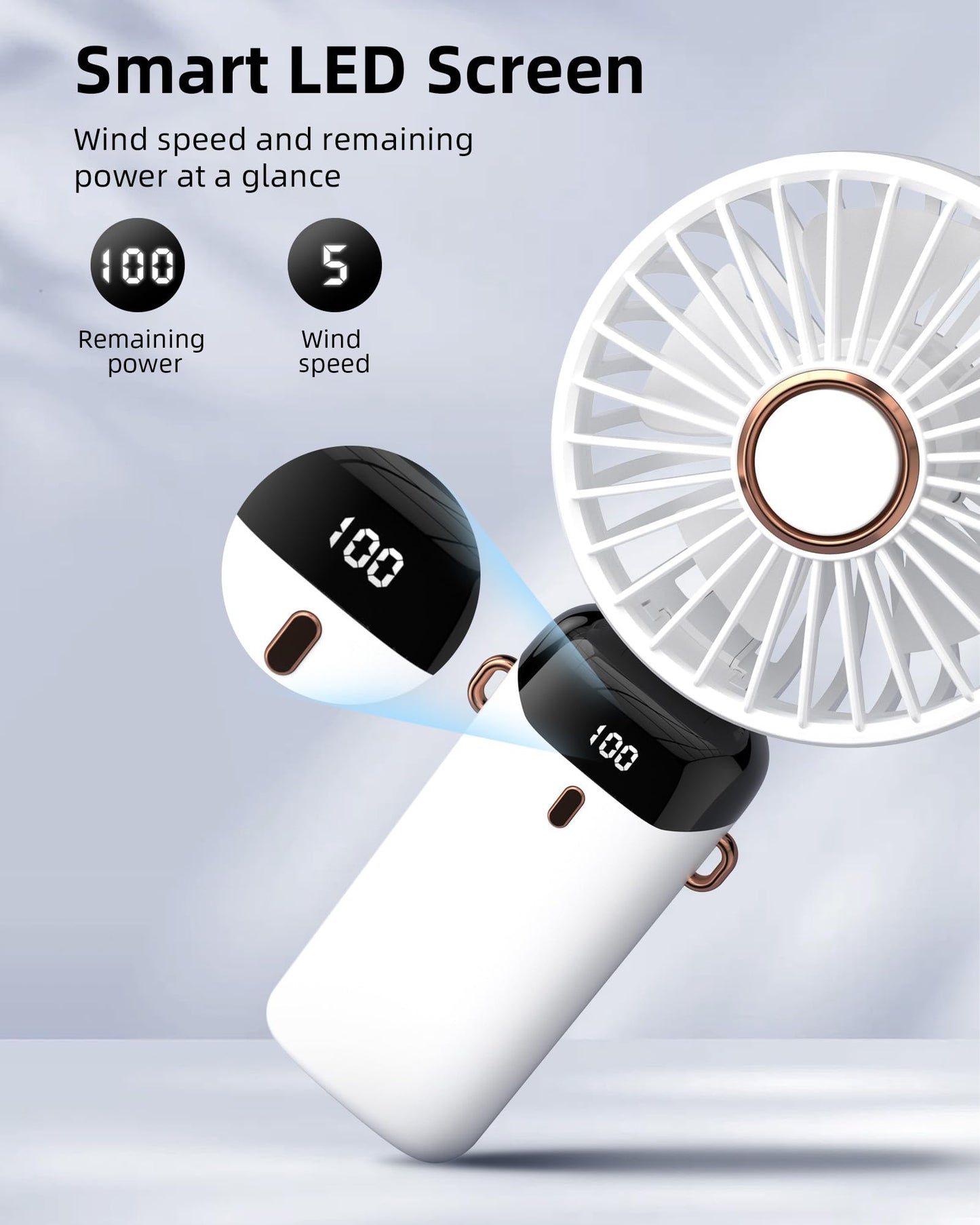 Koonie Portable Handheld Fan, Battery Operated Fan with Base, 8 Hours, Digital Display, 5 Speeds, 90° Ajustable, Rechargeable Mini Fan for Outdoor Indoor
