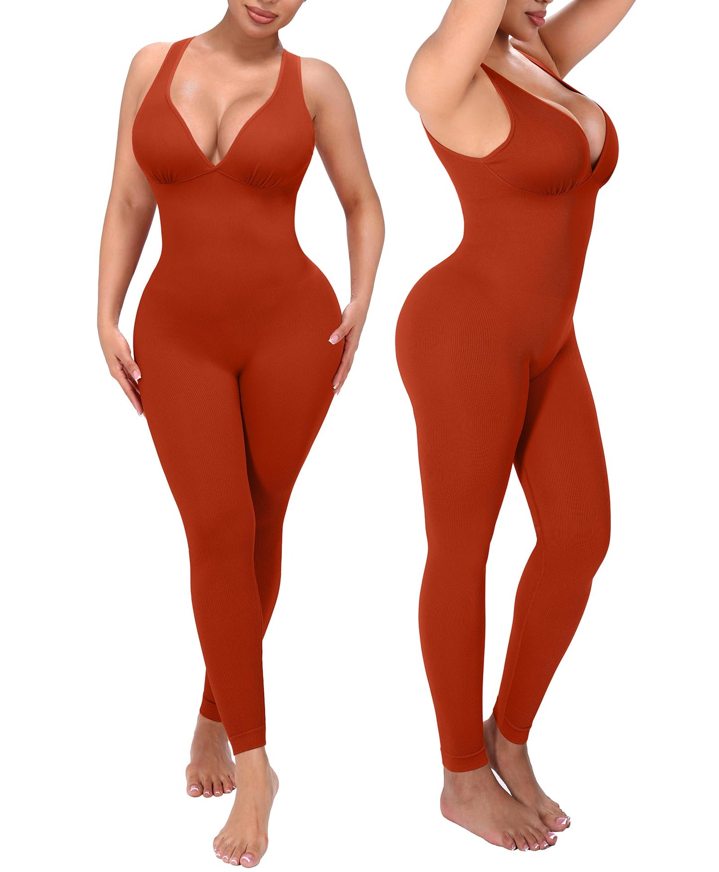 SHAPELLX Tummy Control Workout Jumpsuits for Women One Piece Comfy Yoga Outfits V Neck Sleeveless Bodycon Pants Romper
