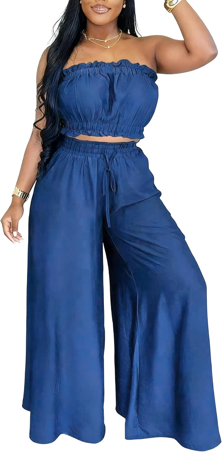 Two Piece Sets for Women Summer Outfits Crop Tops and Wide Leg Pants Sets Sexy Jumpsuits Vacation Outfits with Pockets