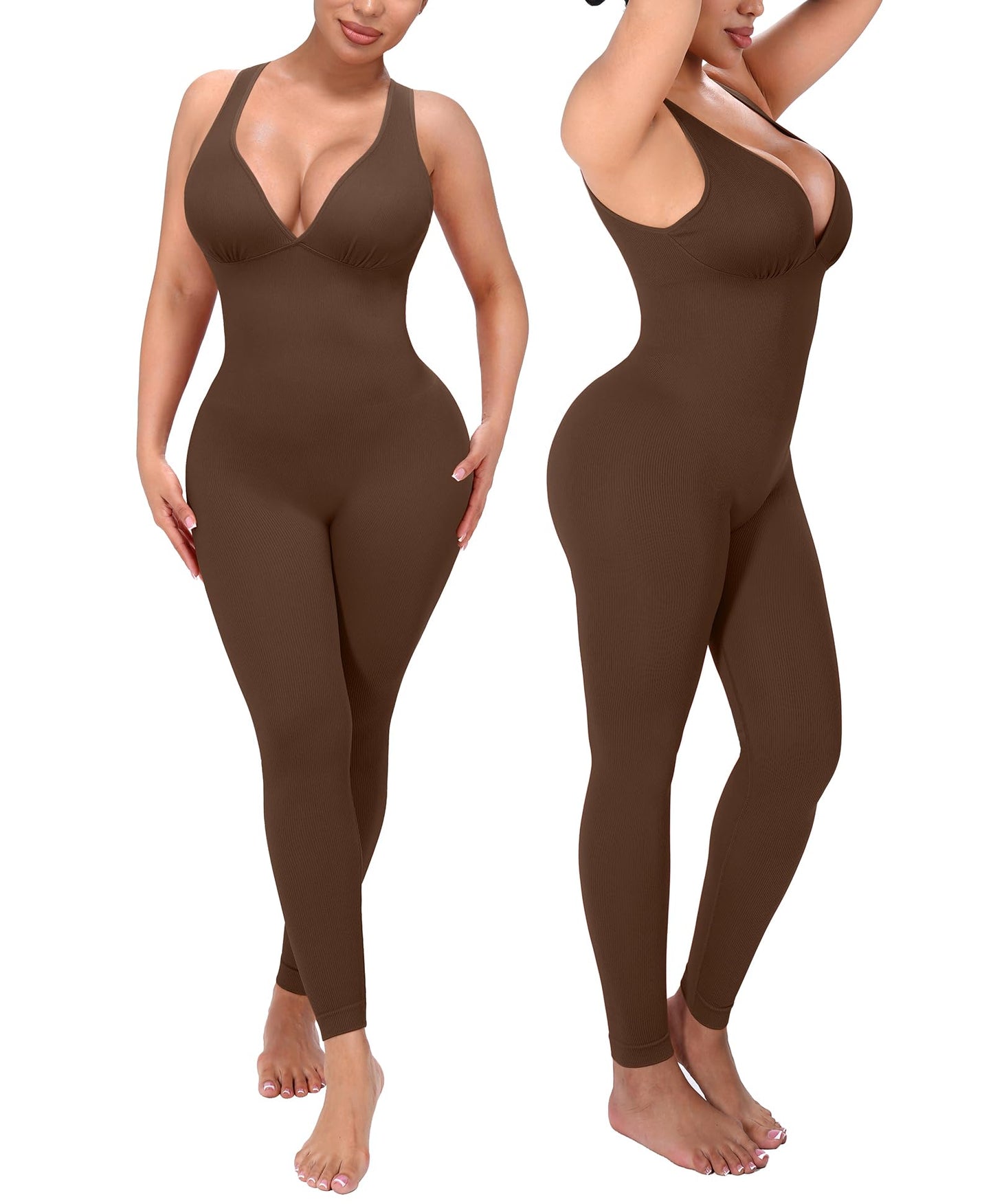 SHAPELLX Tummy Control Workout Jumpsuits for Women One Piece Comfy Yoga Outfits V Neck Sleeveless Bodycon Pants Romper