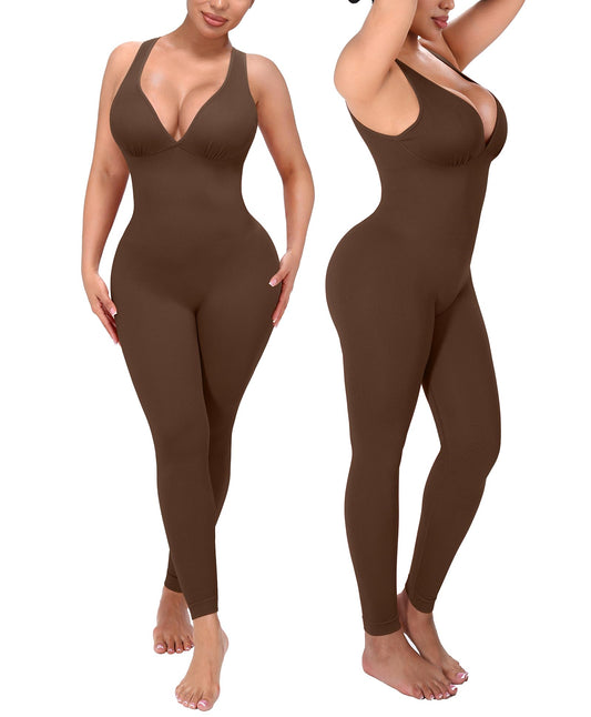 SHAPELLX Tummy Control Workout Jumpsuits for Women One Piece Comfy Yoga Outfits V Neck Sleeveless Bodycon Pants Romper