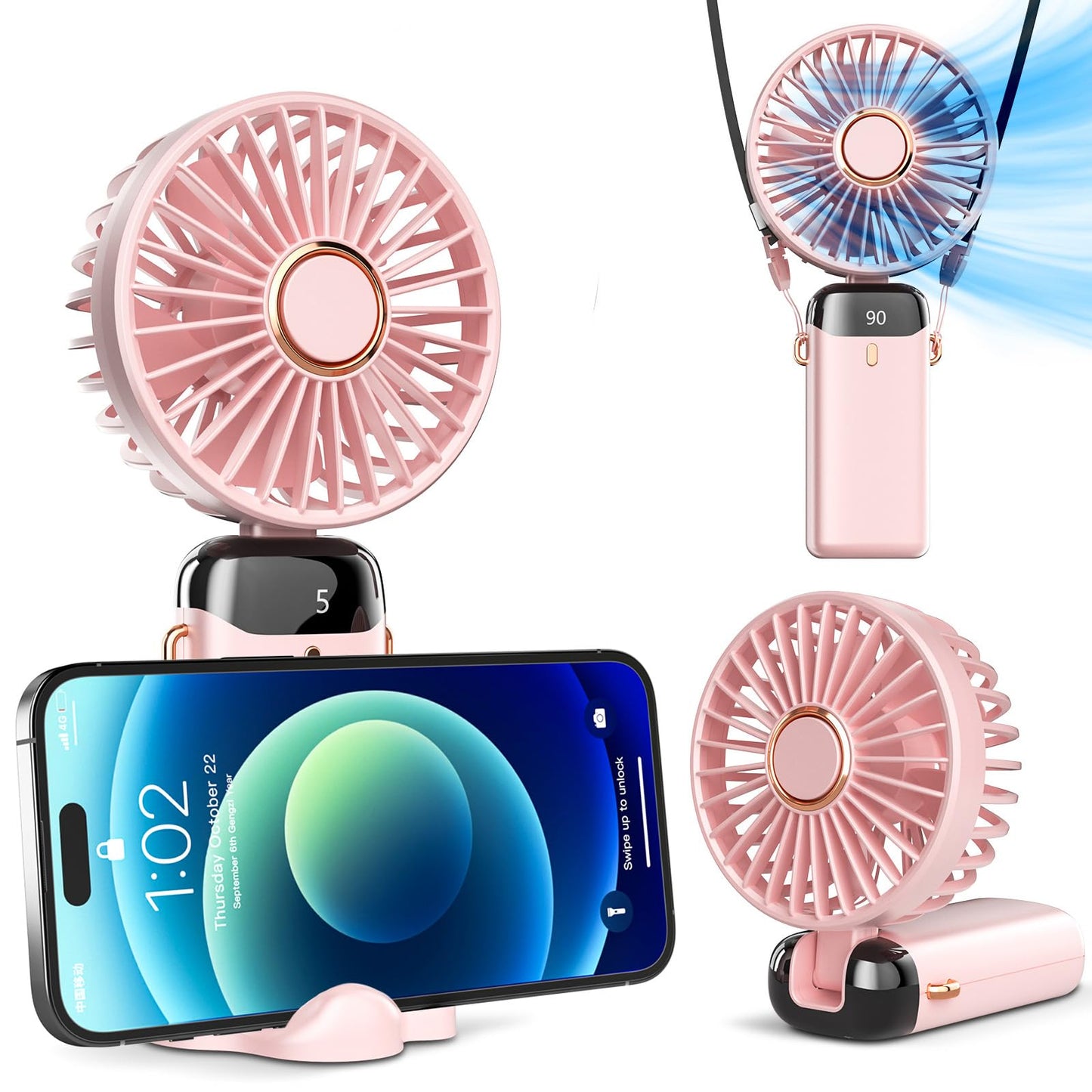 Koonie Portable Handheld Fan, Battery Operated Fan with Base, 8 Hours, Digital Display, 5 Speeds, 90° Ajustable, Rechargeable Mini Fan for Outdoor Indoor