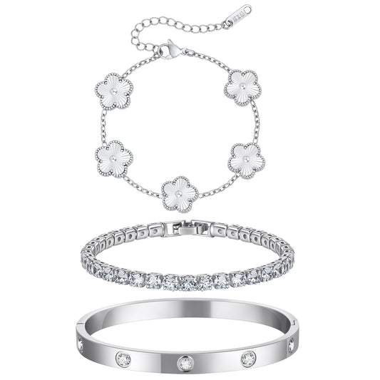 Womens Stackable Floral Silver Bracelets - 3Pcs Silver Sterling Bracelet,Stainless Steel Bangle Bracelets Non Tarnish, Stacked Bracelet Set Trendy Jewelry,Christmas Prom Birthday Gifts for Girlfriend