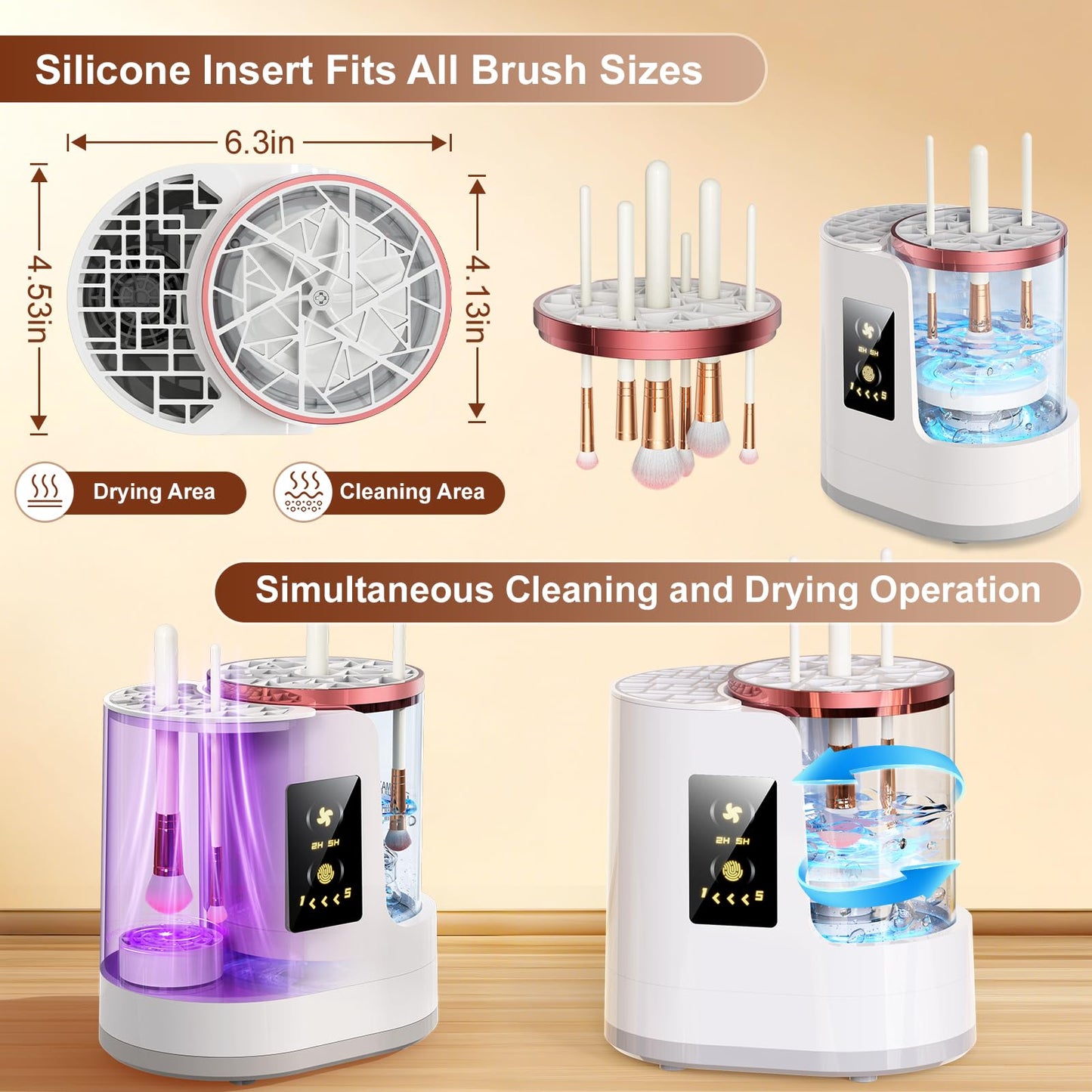 Electric Makeup Brush Cleaner 3-in-1, Automatic Brush Cleaning & Drying Machine with Dual-Direction Cleaning, Adjustable Dryer, Fits All Brush Sizes, for Makeup Brush Set, Blush Brush, Sponges
