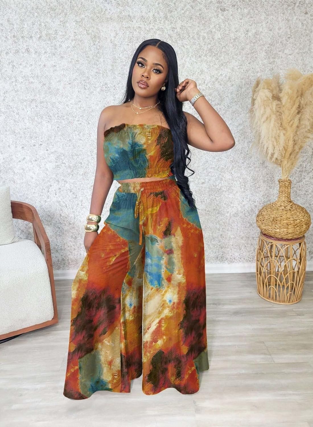 Two Piece Sets for Women Summer Outfits Crop Tops and Wide Leg Pants Sets Sexy Jumpsuits Vacation Outfits with Pockets