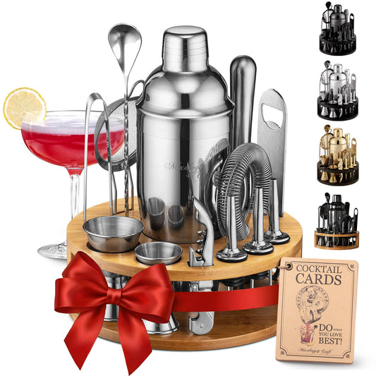 Mixology & Craft Bartender Kit – 15 Piece Cocktail Shaker Set with Bamboo Stand | Complete Cocktail Kit Gift Set | Top Bartender Gifts for Men & Women | Exclusive Recipe Cards (Silver)