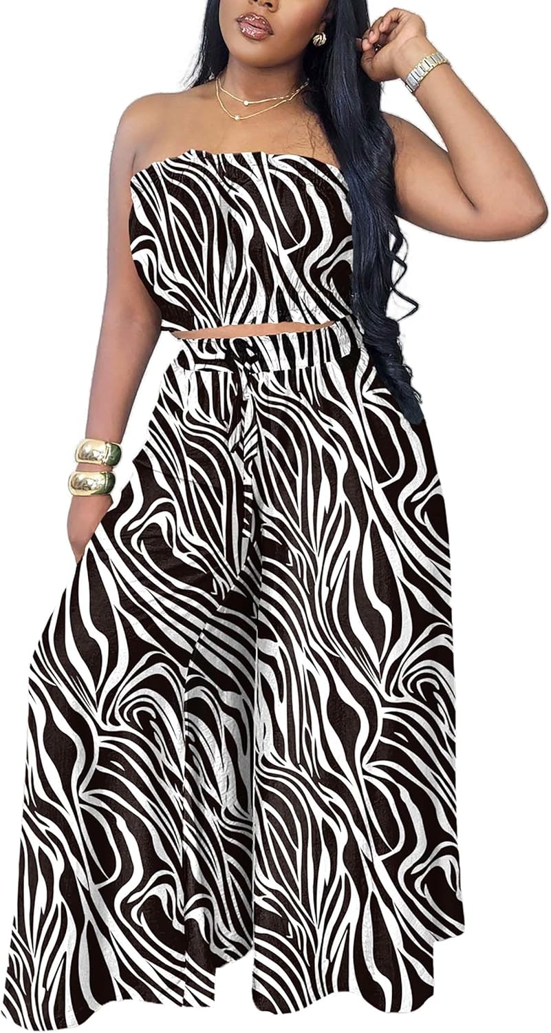 Two Piece Sets for Women Summer Outfits Crop Tops and Wide Leg Pants Sets Sexy Jumpsuits Vacation Outfits with Pockets