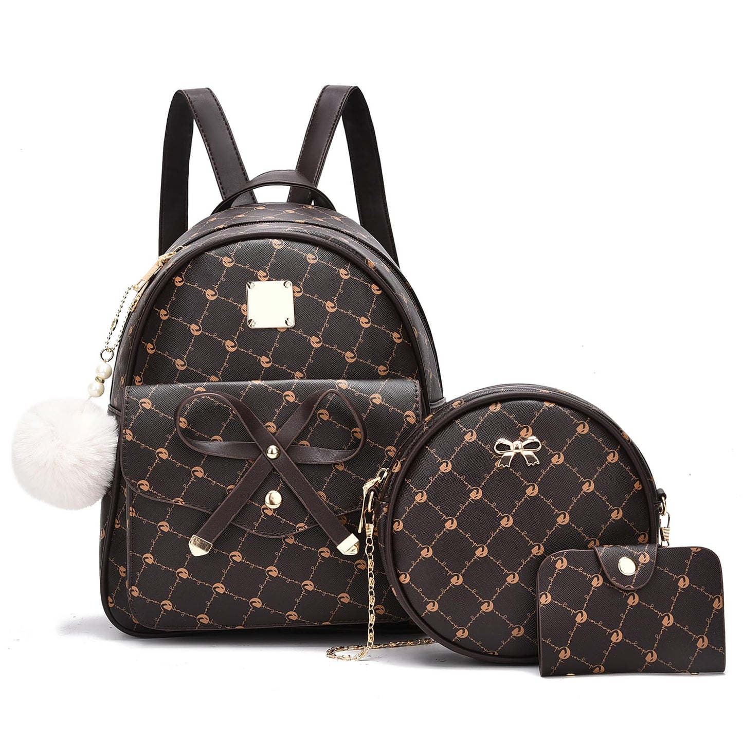 I IHAYNER Girls Bowknot 3-Pieces Fahsion Leather Backpack Backpack Purse for Women Rucksack for Ladies Shoulder Bag