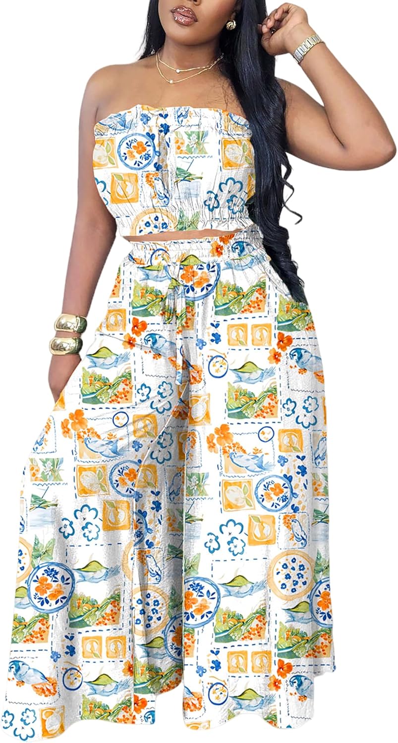 Two Piece Sets for Women Summer Outfits Crop Tops and Wide Leg Pants Sets Sexy Jumpsuits Vacation Outfits with Pockets