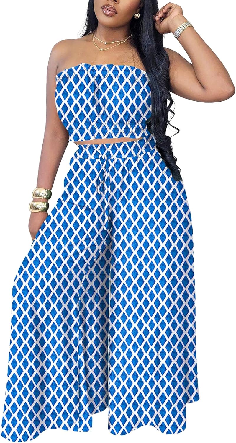 Two Piece Sets for Women Summer Outfits Crop Tops and Wide Leg Pants Sets Sexy Jumpsuits Vacation Outfits with Pockets