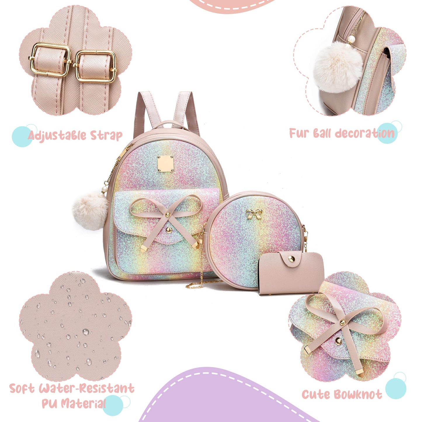 I IHAYNER Girls Bowknot 3-Pieces Fahsion Leather Backpack Backpack Purse for Women Rucksack for Ladies Shoulder Bag