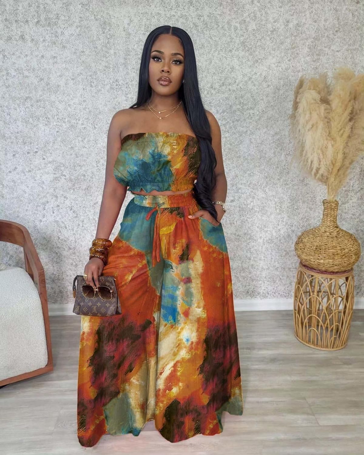 Two Piece Sets for Women Summer Outfits Crop Tops and Wide Leg Pants Sets Sexy Jumpsuits Vacation Outfits with Pockets