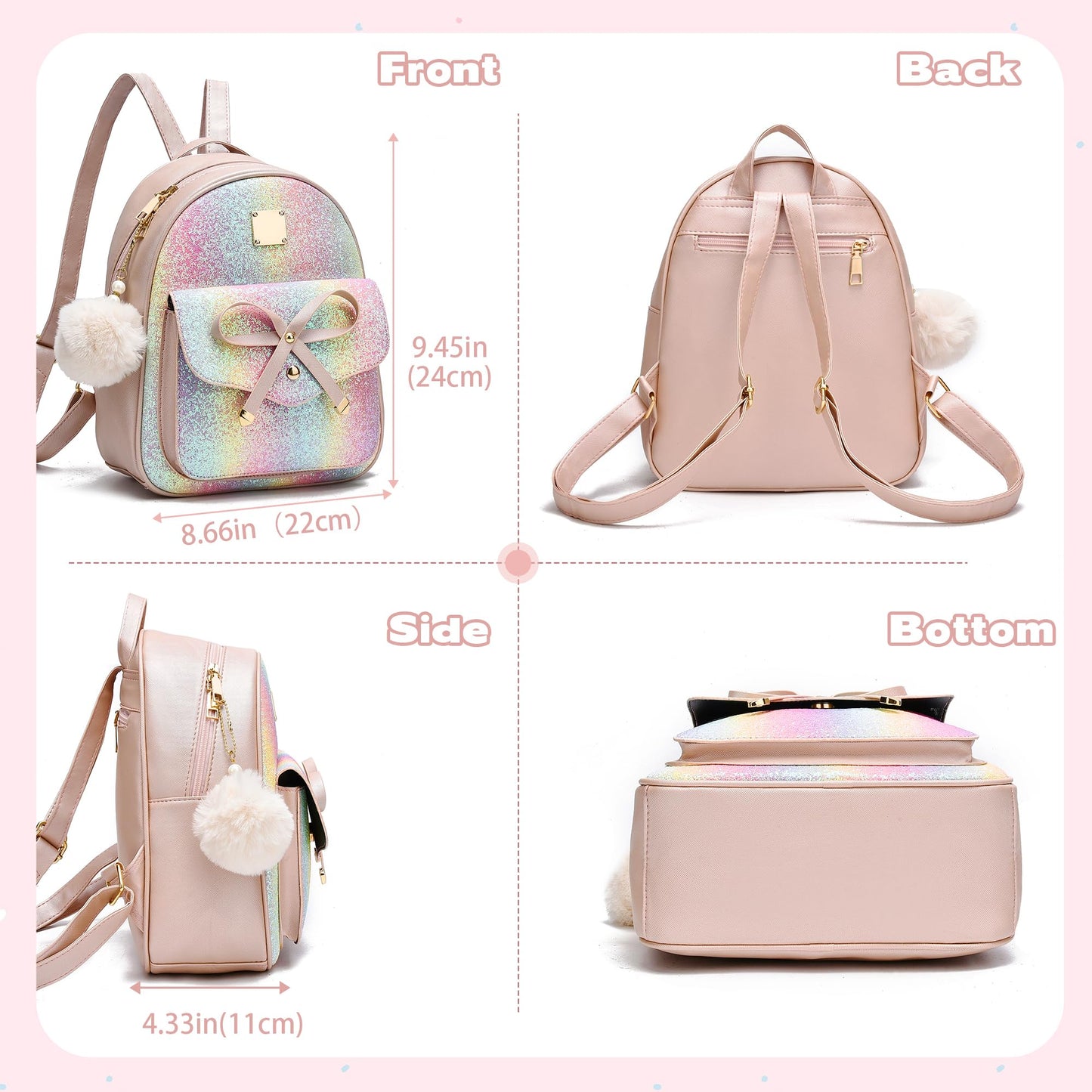 I IHAYNER Girls Bowknot 3-Pieces Fahsion Leather Backpack Backpack Purse for Women Rucksack for Ladies Shoulder Bag
