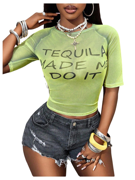 RoseSeek Women's Sheer Mesh Letter Graphic Tees Short Sleeve Crew Neck Y2K Vintage Crop Tops Going Out T Shirt